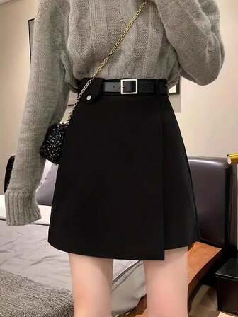 不对称设计羊毛 A 字高腰中长裙