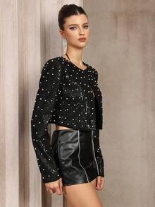 Women's Elegant Sequin Faux Pearls Short Crew Neck Jacket, Fashionable Versatile For Ladies, Suitable For Parties, Evenings And Special Occasions, Spring & Autumn - Black - View 6