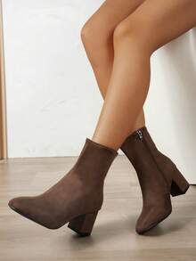 Teens' Solid Color Series Round Toe Side Zipper Design Plus Size Mid-Calf Boots, 2025 Autumn/Winter New Fashion Versatile Brown Chunky Heel Ankle Boots, Comfortable Single-Lined Boots Suitable For Campus And Outdoor Wear - Brown - View 2