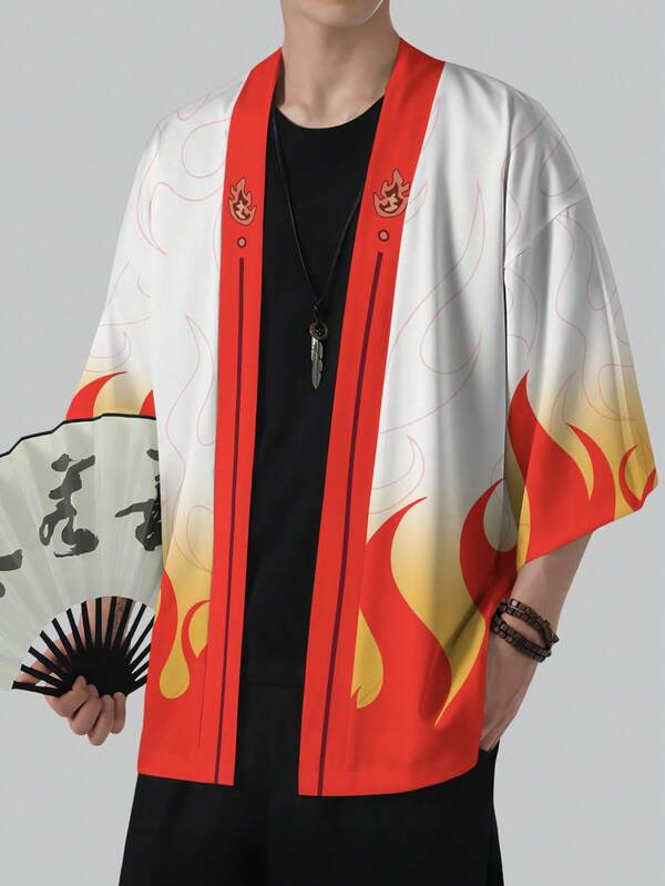 Men's Casual Flame Print 3/4 Sleeve Kimono Cardigan