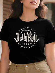 Camiseta Tops casuales de mujer con estampado de NASHVILLE Jelly Roll 220 g de algodón puro grueso y cómodo - Negro - Ver 2