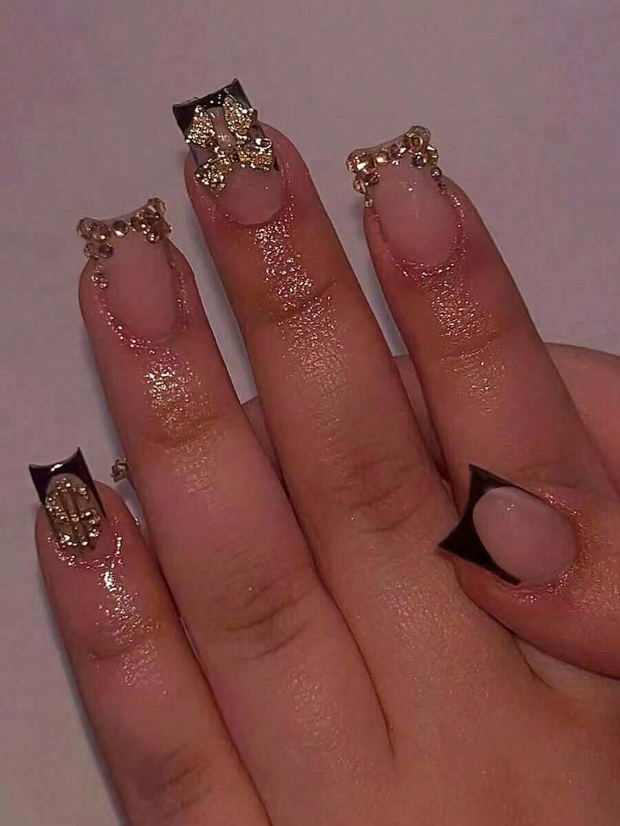 24Pcs Long Square Press On Nails Black French Tip Nails Rhinestone & Gold Bowknot Decorated Luxurious Full Cover For Women Girls Summer Nails Art Charm Dating Office Home Party Nail Supplies Nails - Black 2 - 查看 1