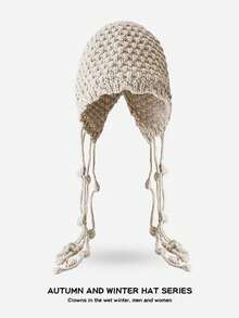 1pc Handmade Hollow-Out Wool Beanie Hat, Women Tasseled Ear Warmer Knitted Cap, Suitable For Christmas And Daily Wear, Autumn/Winter - Multicolor - View 8