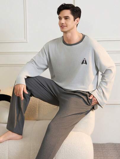2pcs Men's Fleece Gray Fluffy Pajamas, Autumn/Winter, Penguin Letter Print Round Neck Casual Long Sleeve Loungewear Set