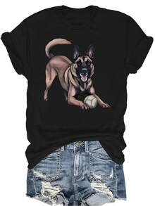 Camiseta de estilo grunge con estampado de Malinois belga para mujer y unisex, de verano, casual, transpirable, de cuello redondo, de manga corta, de uso versátil, adecuada para adolescentes y adultos - Negro - Ver 1