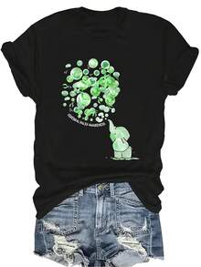 Camiseta con elefante soplando globos verdes para la parálisis cerebral, unisex, de verano, casual, transpirable, de personalidad, de cuello redondo, de manga corta, ropa urbana, versátil, adecuada para adolescentes y adultos - Negro - Ver 1
