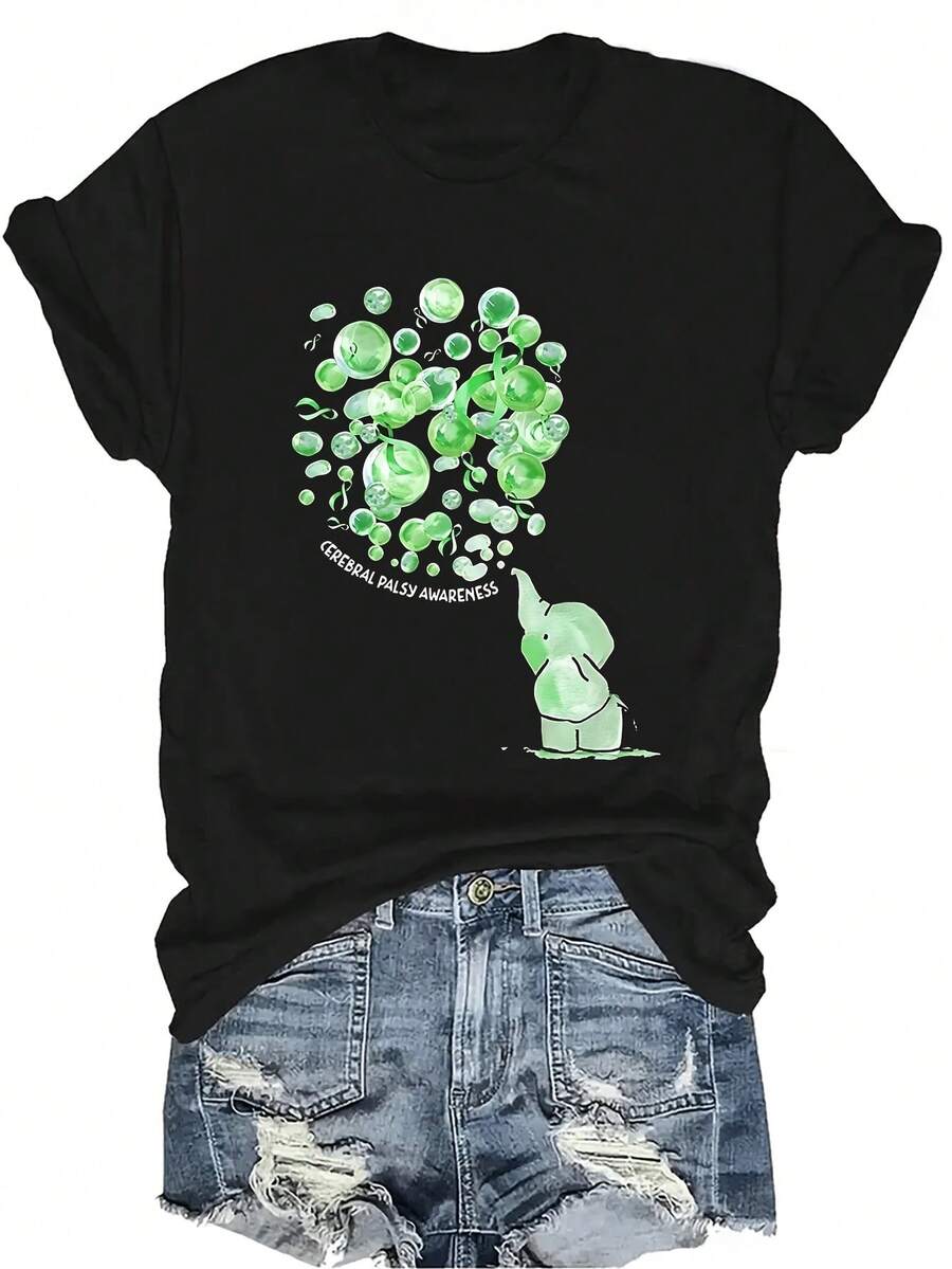 Camiseta con elefante soplando globos verdes para la parálisis cerebral, unisex, de verano, casual, transpirable, de personalidad, de cuello redondo, de manga corta, ropa urbana, versátil, adecuada para adolescentes y adultos - Negro - Ver 1