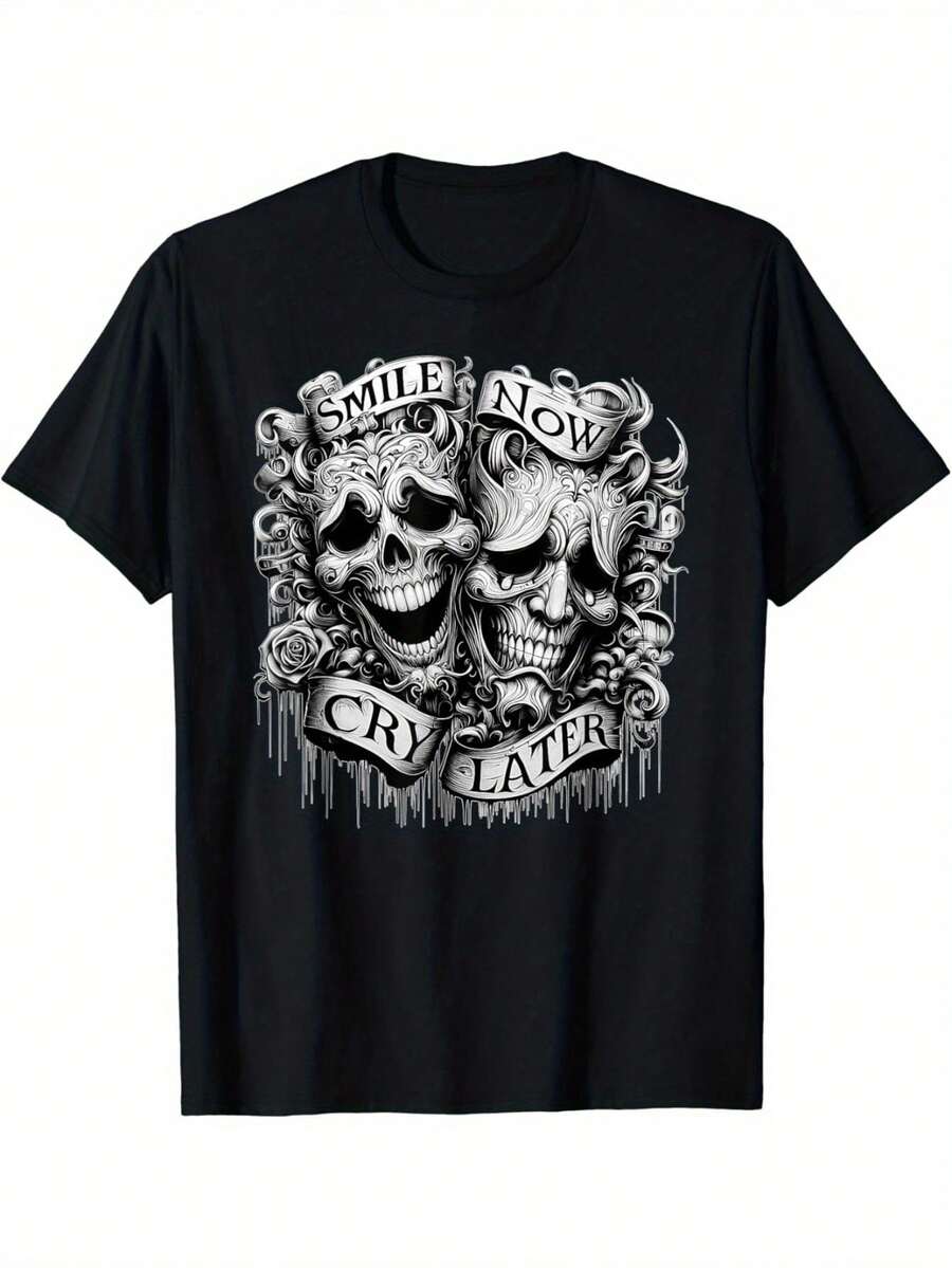 Smile Now, Cry Later" Men'S Gothic Clown Graphic T-Shirt- Soft, Casual Chicano Art Style With Stretch, Round Neck, Short Sleeves- Black, Available In S To XXL, Goth T Shirt - 黑色 - 查看 1
