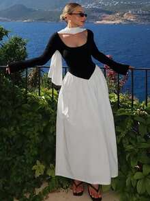 Vestido elegante y sexy de manga larga con cuello en V profundo, cintura con lazo y diseño calado de malla para mujer, Otoño/Invierno 2025