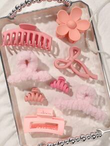 DAZY 8 件套柔软桃红色极简主义发饰组合 - 花朵、爪夹、发夹、发圈、刘海夹、马尾夹，适合日常佩戴，秋冬季秋季发夹冬季发夹时尚发夹优雅发夹，适合度假装扮女士 - 彩色 - 查看 2