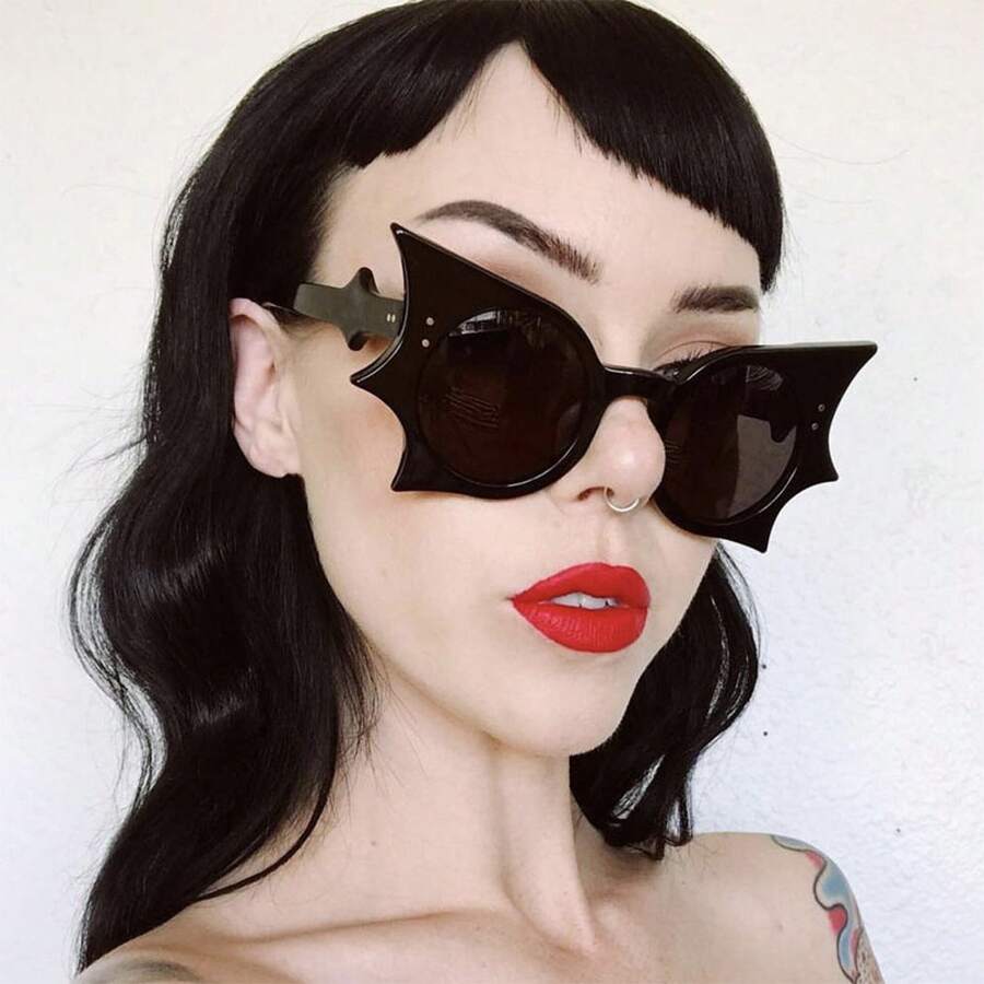 Women's Fashion Bat Glasses - Halloween Costume And Music Festival Accessories With Decorative Lenses, Lightweight Plastic Frame, Square Design Suitable For Parties And Daily Wear - 2025 New European And American Style, Halloween Costumes, Party Accessories - 豹紋鏡框灰色鏡片 - 查看 1