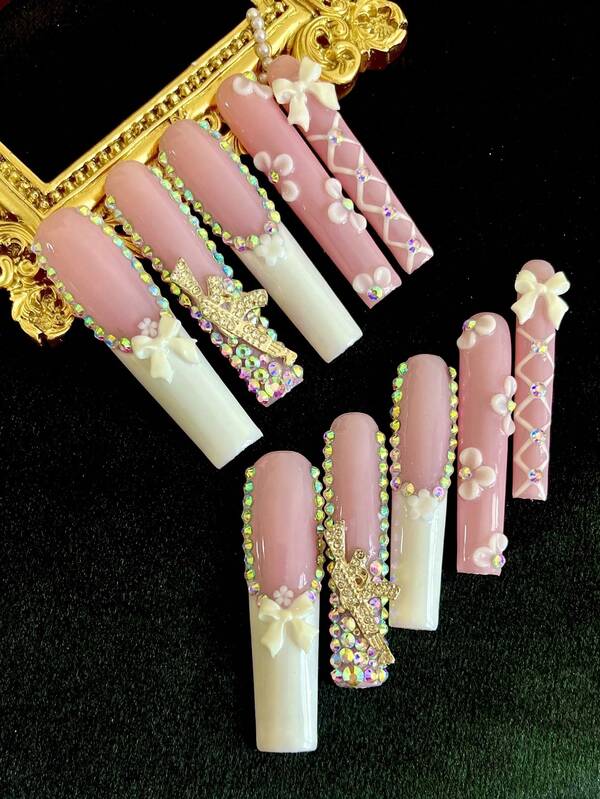 10 piezas de uñas postizas extra largas hechas a mano para fiestas y uso diario, con elementos de 3D Rhinwstones, flores, lazos, gatitos y ballet, fáciles de usar. 10 piezas de uñas postizas extra largas hechas a mano estilo Y2K, con gemas artificiales brillantes, adecuadas para festivales, fiestas y uso diario de niñas y mujeres.
