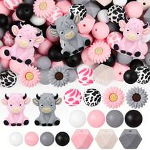 6/34/55/56/100pcs 3D Highlands Cow Focal Point Daisy Flower Silicone Beads Hexagon Silicone Beads Suitable For DIY Crafts Jewelry Necklace Bracelet Keychain Making - 3D Highland Cattle Series - View 1