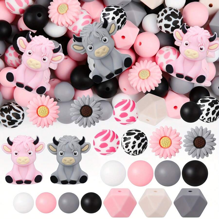 6/34/55/56/100pcs 3D Highlands Cow Focal Point Daisy Flower Silicone Beads Hexagon Silicone Beads Suitable For DIY Crafts Jewelry Necklace Bracelet Keychain Making - 3D Highland Cattle Series - View 1