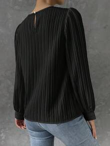 White Tops Fall Clothes For Women Textured Stripe Round Neck Bishop Long Sleeve Blouses