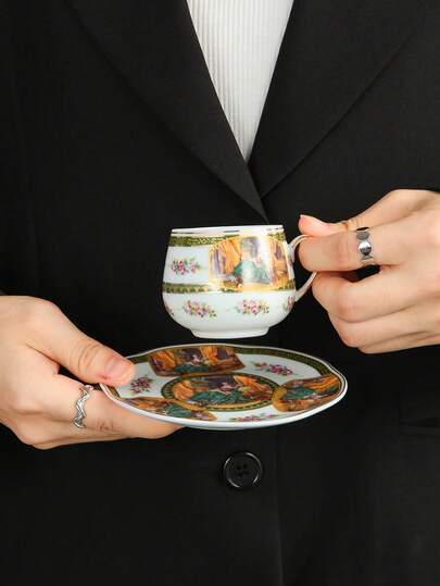 1 Set Elegant High-End Ceramic Coffee Cup & Saucer, Petite Bone China Cup & Saucer, Suitable For Home, Club, Coffee Shop, Gift