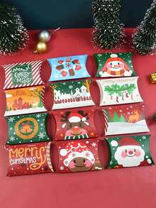 12pcs Christmas Pillow Gift Boxes With Santa, Snowman & Elk Prints For Candy, Small Presents, Holiday Party Favors, Stocking Stuffers, Table Decor, Secret Santa Exchange, Office Gift Wrapping, Winter Wedding, Birthday, And Home Decor
