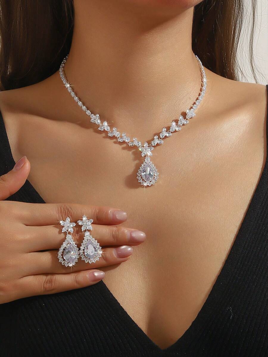 3pcs Luxury Zirconia Water Drop Necklace Earrings Jewelry Set, Elegant For Daily Commute, Bridal Wedding Party, Versatile Accessory - Silver - View 1