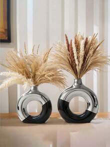 White Silver/Black Silver Ceramic Vase, Round Vase, Suitable For Home Decor, Round Decorative Vase, Silver Vase, Suitable For Living Room Decor, Gold Vase, Suitable For Home Decor, Also Suitable For Kitchen And Coffee Table. Glass Vase, - Multicolor - View 2