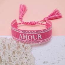 1 件手工刺绣法国“AMOUR”创意复古风格手链，适合情侣、节日礼物、祝福绳 - 粉色 - 查看 3