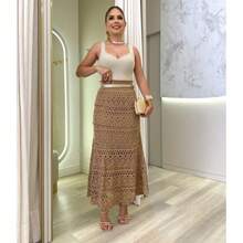 Long Skirt Lace Knit Crochet Stitch Summer Fashion Lined Midi Luxury Knit Beach Pool Simple Elegant Casual Knit Knitted Openwork Fabric Beach Skirt Holiday Summer - 淺粉色 - 查看 5