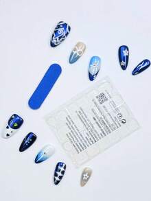 10 pezzi di unghie finte a mandorla, set di unghie finte blu laser primaverili ed estive con decorazioni a stella disegnate a mano, personalizzate e alla moda, adatte per tutti i look quotidiani delle donne