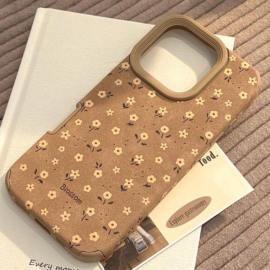 GUCADI 1 chiếc ốp lưng điện thoại màu kaki da lộn họa tiết hoa cổ điển tối giản, tương thích với dòng 16/15/14/13/12/11, Thu Đông