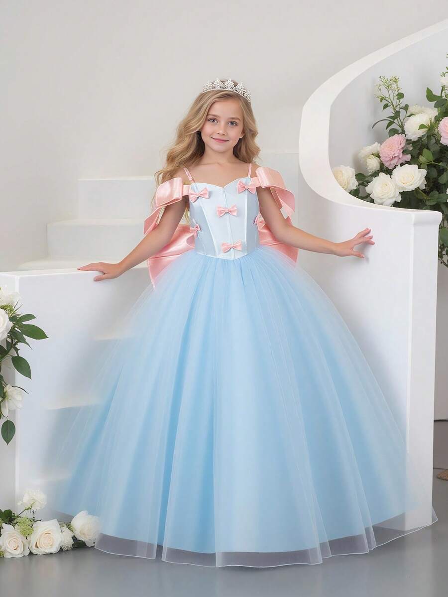 Tween Girls' Oversized Bow Strap Wedding Party Elegant Bridesmaid Birthday Banquet Dress, Off-Shoulder Princess Beauty Pageant Performance Ball Gown - 藍色 - 查看 1