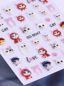 5D Cartoon Cat Embossed Nail Stickers 2pcs Cute Funny Heart Bow Cat & Cat Paw Design DIY Kawaii Japanese Korean Self-Adhesive Slider Nail Art Decoration