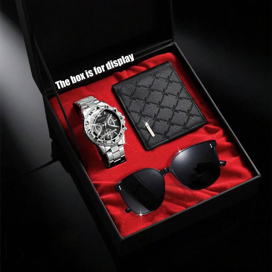 3pcs Men's Elegant Quartz Watch Set, High-End Luxury Timepiece, Ideal Christmas/Halloween/Valentine's Day/Anniversary Gift For Him. Includes Matching Solid Color PU Leather Anti-Theft Wallet, Suitable For All Seasons And Holidays - Black - View 1