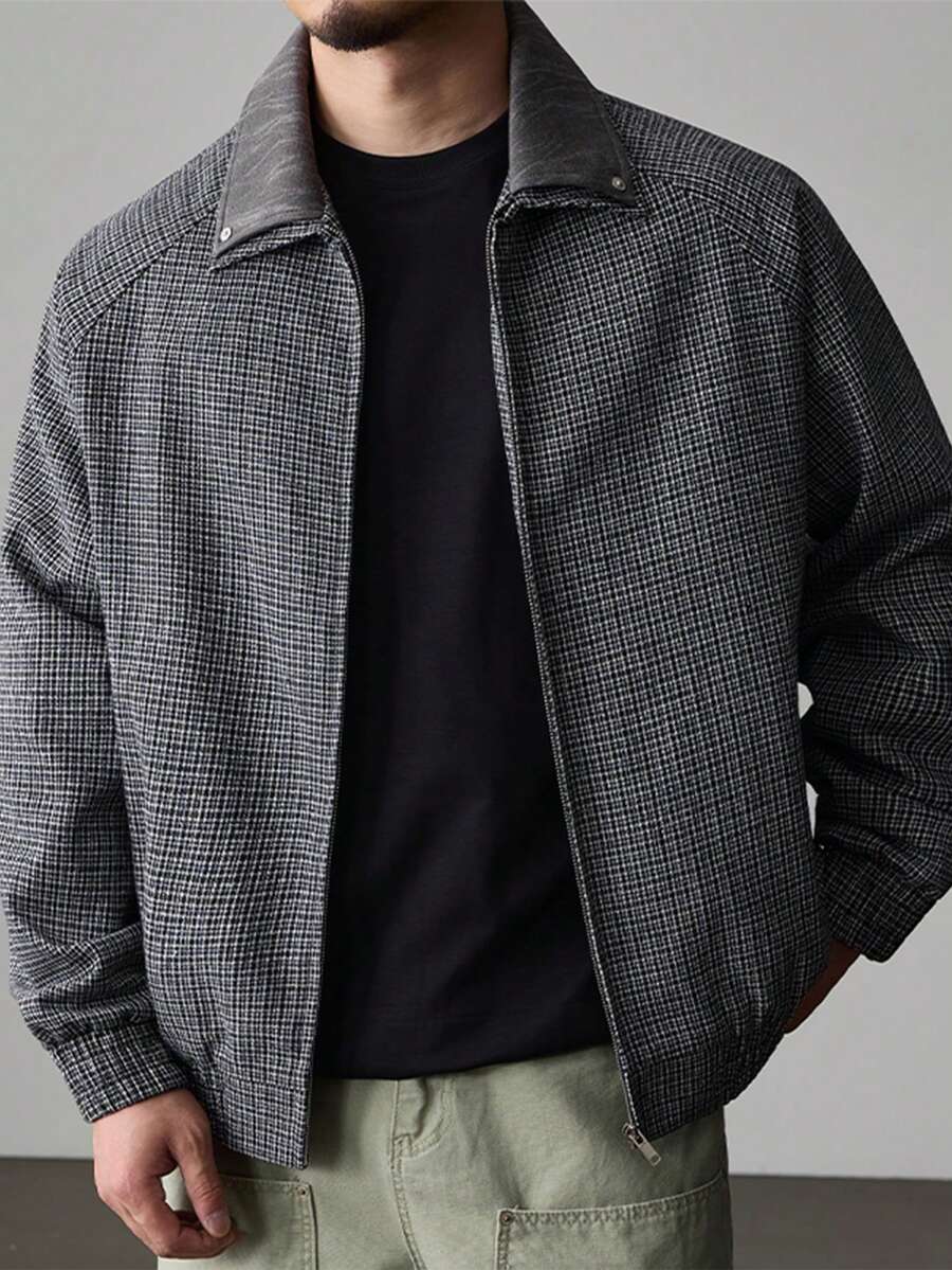 Plus Size Men's Casual Turndown Collar Long Sleeve Jacket, Fashion Outerwear For Autumn/Winter - Black - View 1