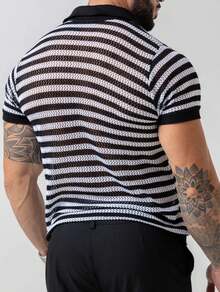 TRICOT DE LUXO Men's Lightweight Textured Striped Polo Collar Knit T-Shirt, High Quality, Spring, Summer, Autumn, Premium Quality - 黑色 - 查看 4