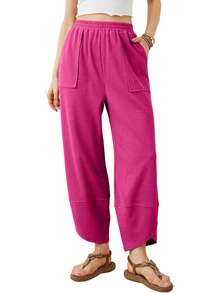 Womens Baggy Wide Leg Pants Casual Elastic Waisted Loose Palazzo Harem Pants With Pockets - 玫紅色 - 查看 1