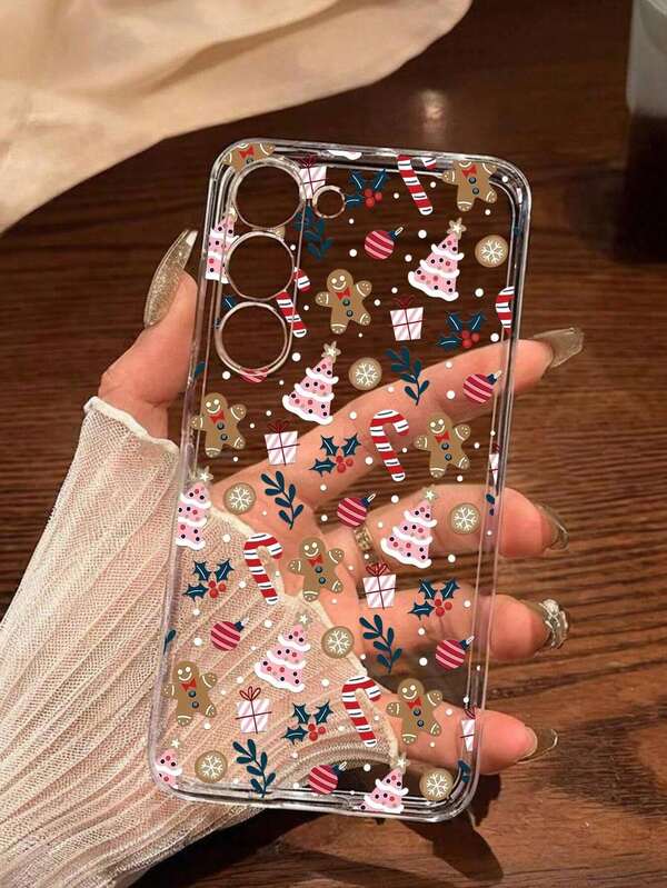 1 pieza Funda de teléfono suave con diseño de árbol de Navidad y muñeco de jengibre con copos de nieve, compatible con iPhone, Honor, Redmi, Galaxy A04e/12/A13/A14/A34/A50/A52/A53/A54/S21/S22/S23/S24/S25/S25Ultra, 6A/7A/8A, 12T/13T