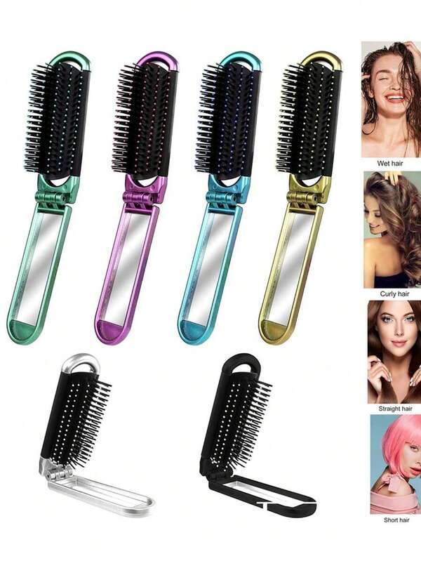 1 pieza Peine plegable portátil con cojín de aire e espejo de maquillaje integrado, cepillo de cabello compacto para viaje para uso diario y peinado en movimiento de las damas