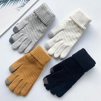 2025 Autumn/Winter Warm Solid Color Knitted Fashion Thick Thermal Lining Daily Cycling Skiing Touchscreen Gloves Set