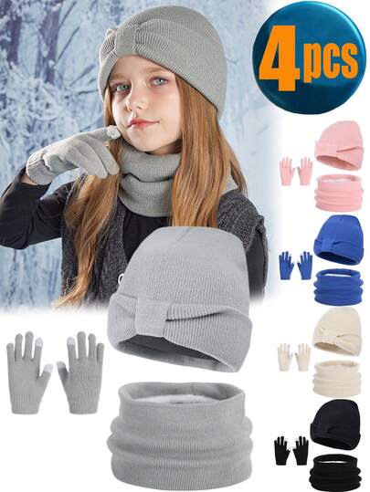 4 قطع طقم قبعة وشال وقفازات للأطفال في فصل الشتاء، قبعة صوفية مضفرة وشال رقبة وقفازات بدون أصابع مبطنة بالصوف للبنات من عمر 3-8 سنوات