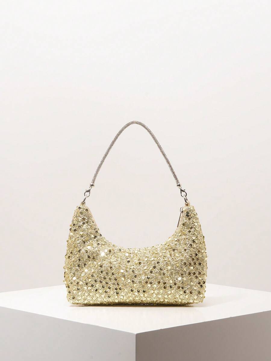 Elegant Sequin Shoulder Bag, Floral Bag, Bridal Party, Sequin Bag, Prom Bag, Prom Accessories, Premium Style Handbag, Wedding Items, Bag For Women Elegant (Pattern Random) - Gold - View 1
