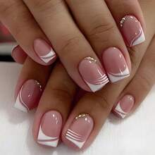 Square Press On Nails Short Fake Nails White French Tip False Nails Pink Acrylic Nails Press Ons With Rhinestone Glossy Glue On Nails Full Cover Stick On Nails For Women Manicure Kit 24Pcs - Pink White - 查看 1