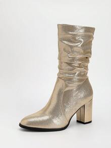 Botas altas de tacón grueso dorado con puntera redonda y caída para mujeres, nuevas botas de montar hasta la pantorrilla para otoño/invierno - Dorado - Ver 17