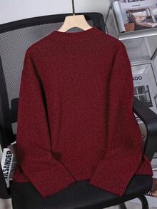 女士灰色圆领休闲针织毛衣 - 酒紅色 - 查看 4