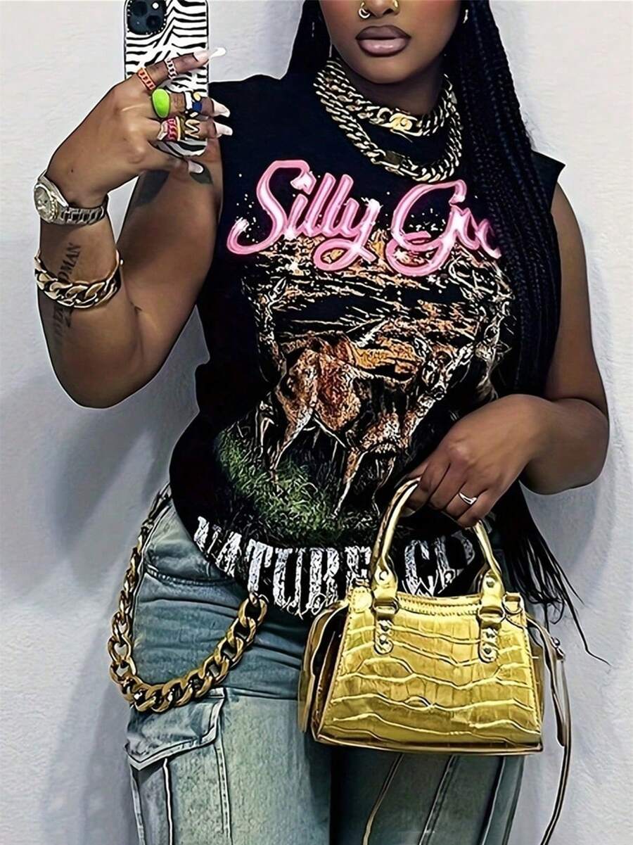 Lazaro Summer Letter Print Sleeveless Punk T Shirt Y2K Streetwear For Women  O-Neck Causal Loose Fit Graphics Pullover Tee - 黑色 - 查看 1