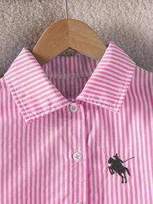 女童长袖蓝白条纹马球领刺绣小马连衣裙，休闲优雅翻领衬衫裙，春秋季 - 粉色 - 查看 3