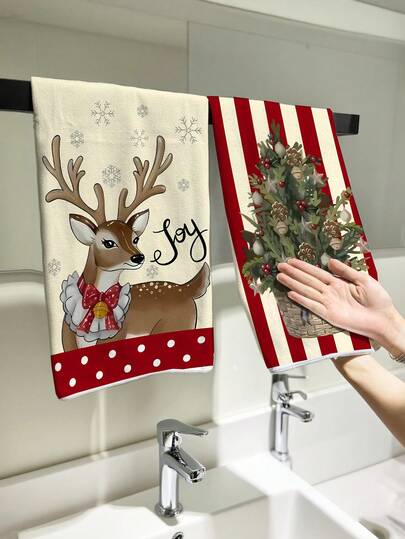 2 pezzi Asciugamani da mano natalizi, con motivi di Babbo Natale, fiocchi di neve, renne e alberi di Natale, adatti per la decorazione natalizia di cucina e bagno, ideali come regalo di Natale e sorpresa dell'Avvento