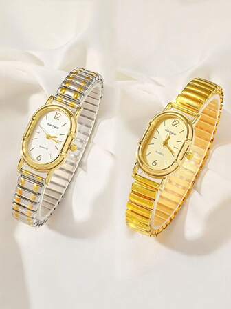 1pc Minimalist Vintage Style Dial Women's Watch With Elastic Bangle Bracelet In Gold & Silver Colors, Suitable For Daily Wear, Dates, Birthday Gifts