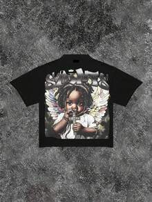 Double Sided Printed (220 Pure Cotton T-Shirt) With Letters' SAINTS' And Portrait Double-Sided Printed Men's Summer Round Neck Short Sleeved Casual Pure Cotton Print