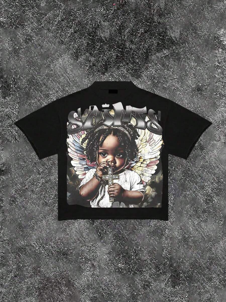 Double Sided Printed (220 Pure Cotton T-Shirt) With Letters' SAINTS' And Portrait Double-Sided Printed Men's Summer Round Neck Short Sleeved Casual Pure Cotton Print