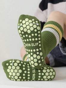 5 Pairs/Set Boys' Double Bar Stripe & Letter Print Sports Anti-Slip Grip Casual Comfortable Crew Socks, Suitable For Fall & Winter Daily Wear