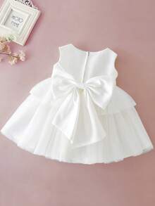 Baby Girls' White Christening Dress 0-2 Years, Baptism Tulle Dress With Bow, Suitable For 1st Birthday Party, Wedding, Ceremony
