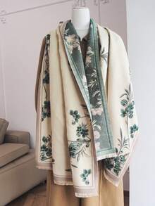 1 pieza Elegante bufanda/chal de cachemira sintética con estampado floral y de plantas en jacquard, versátil para mujeres, adecuado para otoño/invierno, para combinar diariamente y decorar vestidos